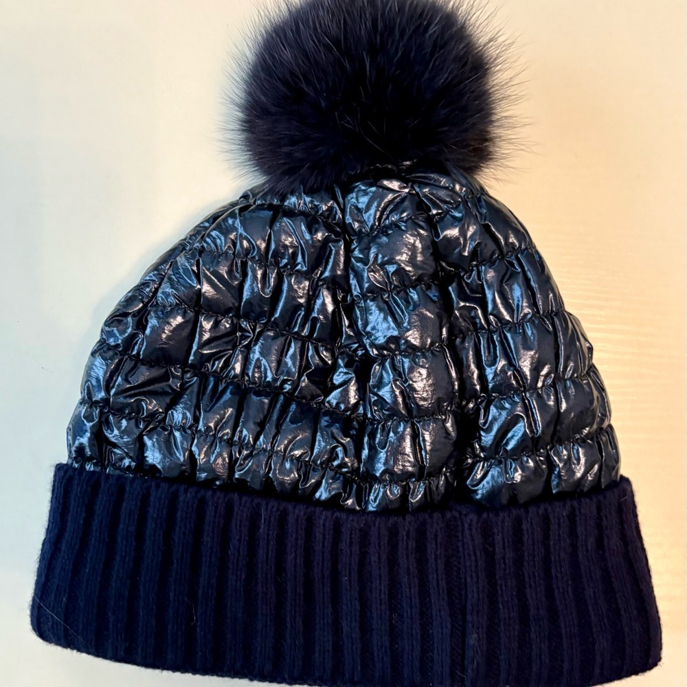 Navy Quilted Beanie with Navy Fox Pom-Pom.